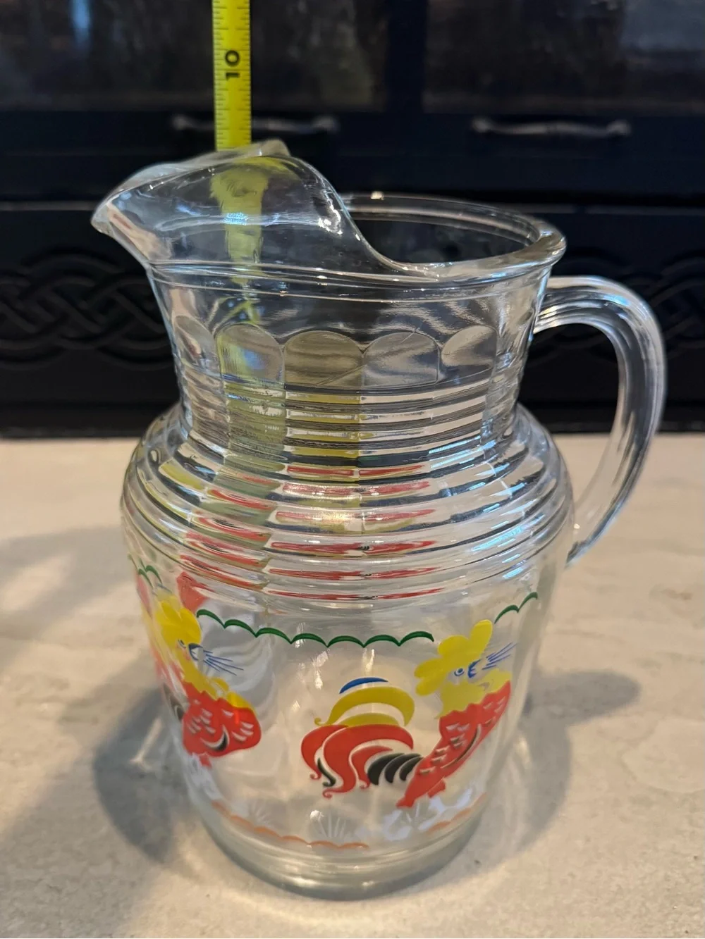 Vintage Clear Glass Pitcher with Bright Roosters - Great Design !